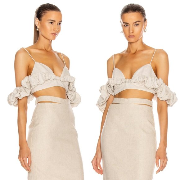 Jacquemus Le Haut Pampelonne Linen Crop Top Gathered Ruffles Sz 36 in Natural - Picture 1 of 13